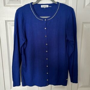 Royal blue sweater with silver tone buttons and chain design around collar.